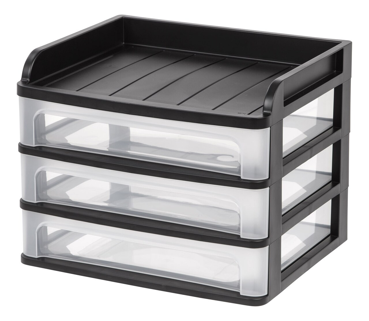 IRIS USA Medium 3-Drawer Desktop Organizer with Open Tray Top, for Office, School, Stationary, Makeup Organizer, Bathroom, Utility, Medical Supplies, Desk Organizer, Versatile Storage, Black